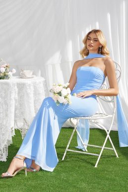 HTZMO Womens Tube Formal Wedding Guest Maxi Dress with Scarf Strapless Bodycon Corset Cocktail Party Long Dresses, Blue, S