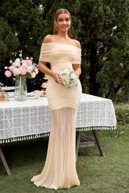 HTZMO Women Sexy Off Shoulder Bodycon Maxi Dress Strapless Ruched Wedding Guest Formal Party Long Dresses, Beige, XS