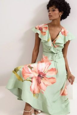 Phase Eight Matilda Linen Blend Floral Midi Dress Green Multi Orange
