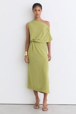 Reiss Beth Off-Shoulder Tuck-Detail Midi Dress in Green
